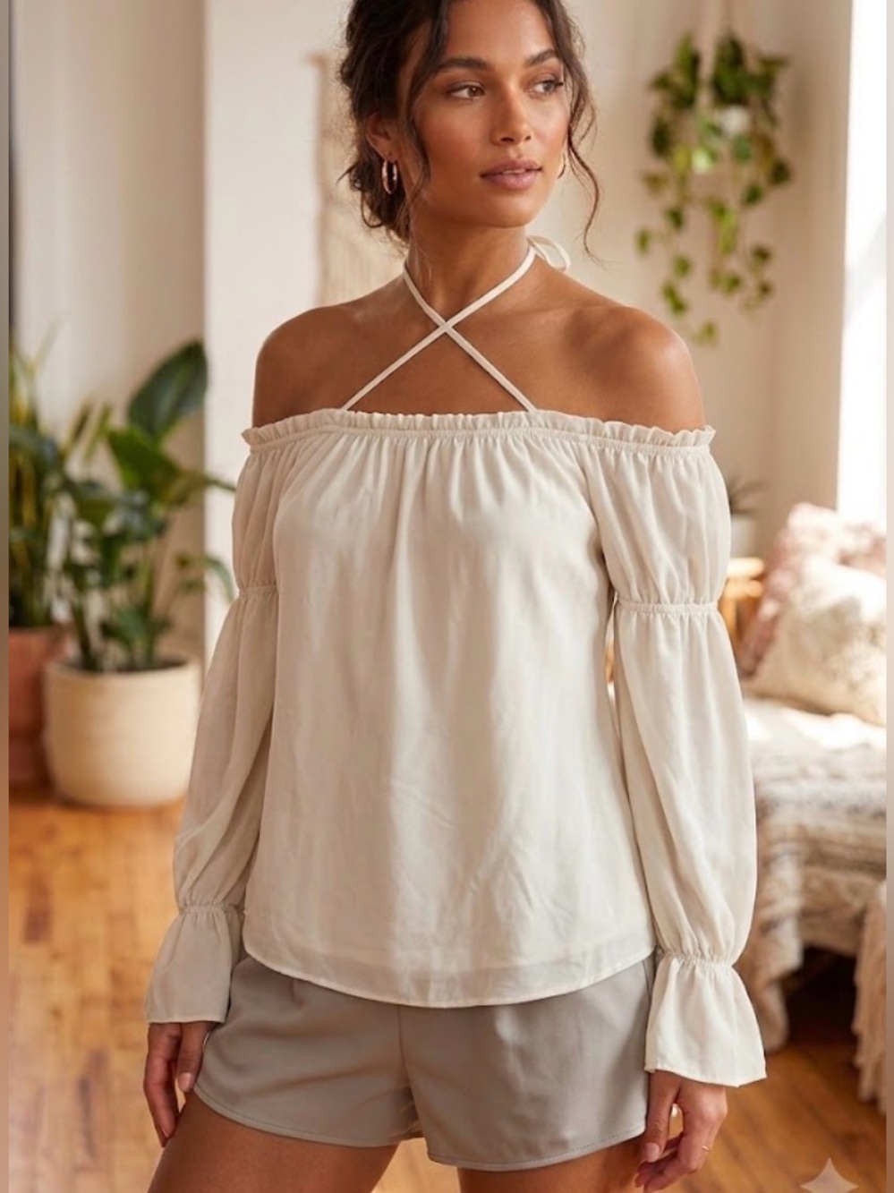 Nasty Gal Cream Off-Shoulder Ruffle Top